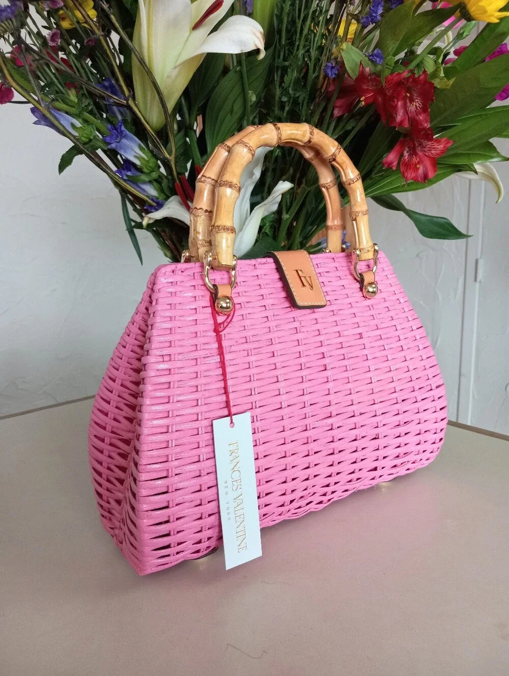 FRANCES VALENTINE Rooster Wicker Basket Satchel Bag, Pink